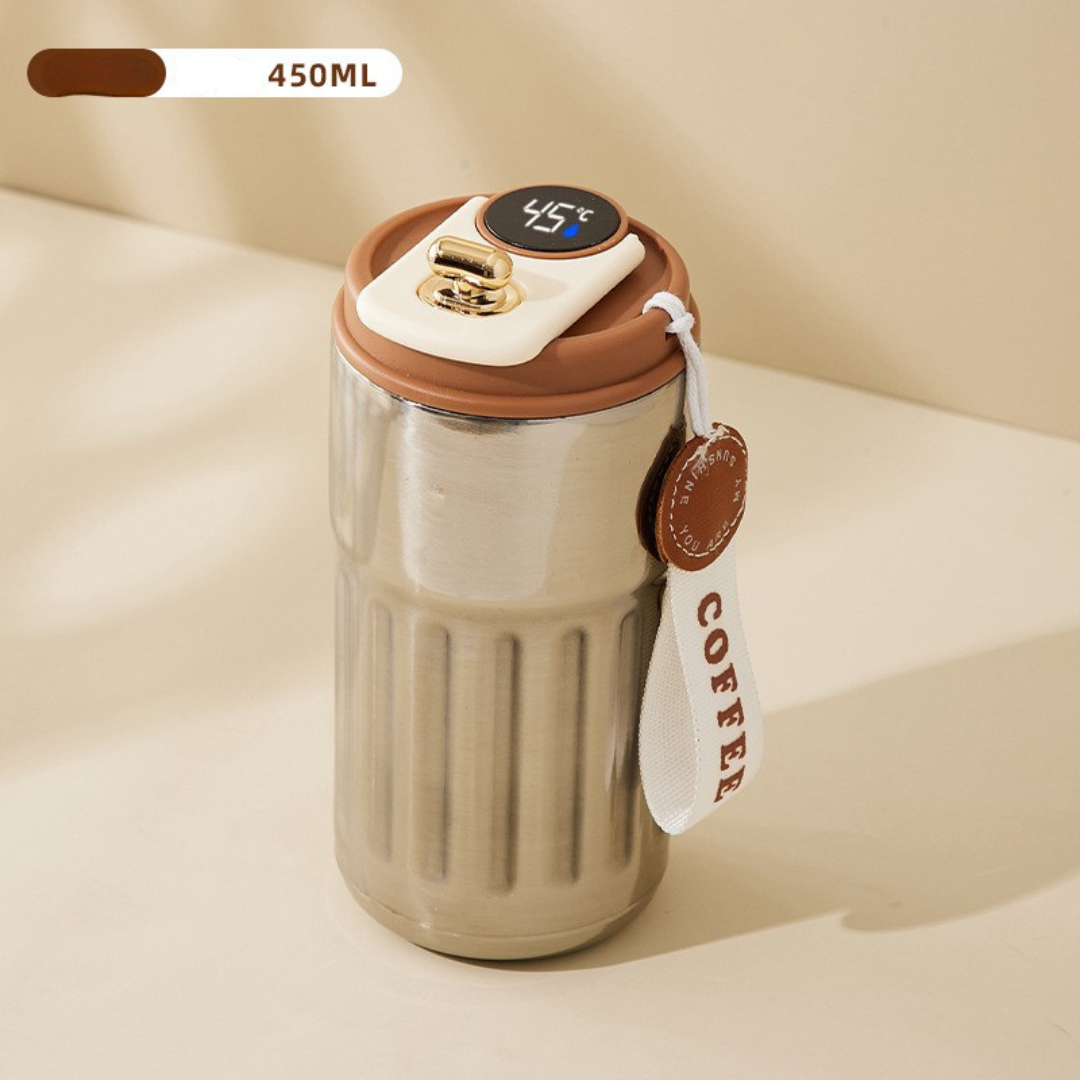 Langlebiger Edelstahl-Thermobecher 450ml. Auslaufsicher mit praktischer LED-Temperaturanzeige für den Alltag.