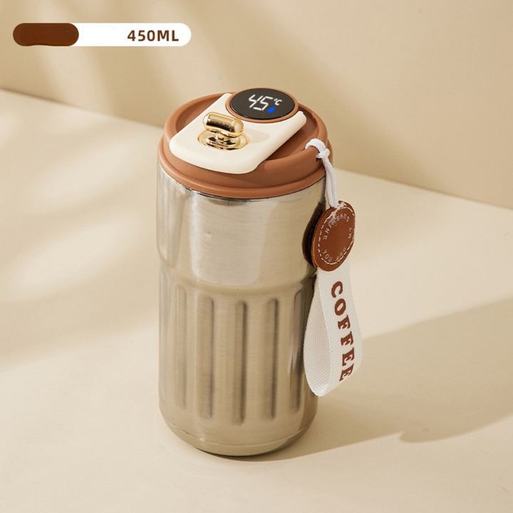Langlebiger Edelstahl-Thermobecher 450ml. Auslaufsicher mit praktischer LED-Temperaturanzeige für den Alltag.