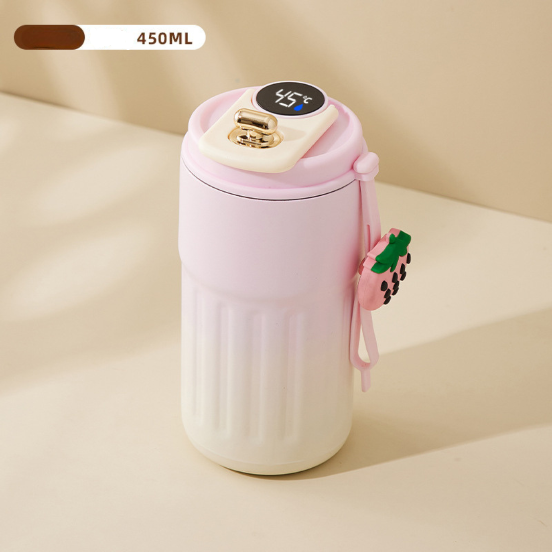 Funktioneller Reise-Kaffeebecher 450ml. Edelstahl-Isolierbecher mit digitaler Temperaturanzeige.