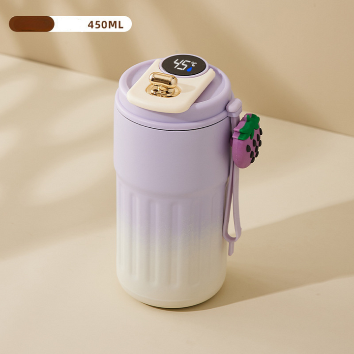 Tragbarer Kaffeebecher 450ml mit LED-Temperaturanzeige. Ideal für Auto, Zug & Spaziergänge.
