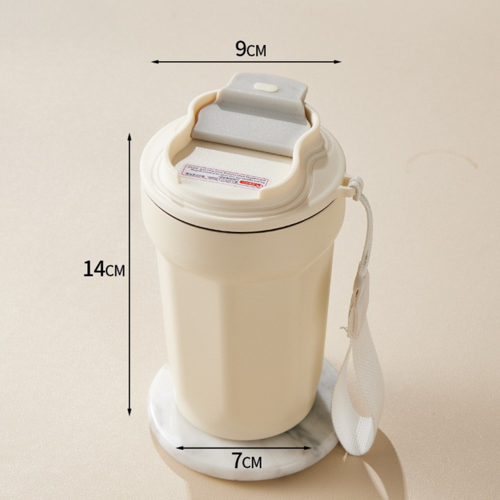 Hygienischer Edelstahl-Kaffeebecher 450ml. Leicht zu reinigender Reisebecher mit LED-Temperaturanzeige.