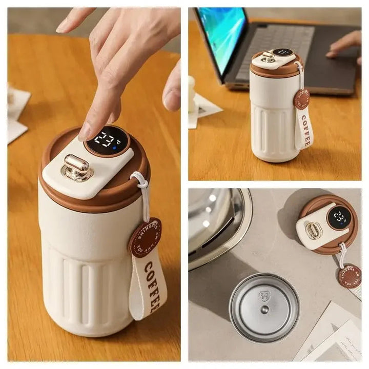 Intelligenter Reisebecher 450ml mit LED-Temperaturanzeige. Auslaufsicherer Edelstahl-Kaffeebecher.