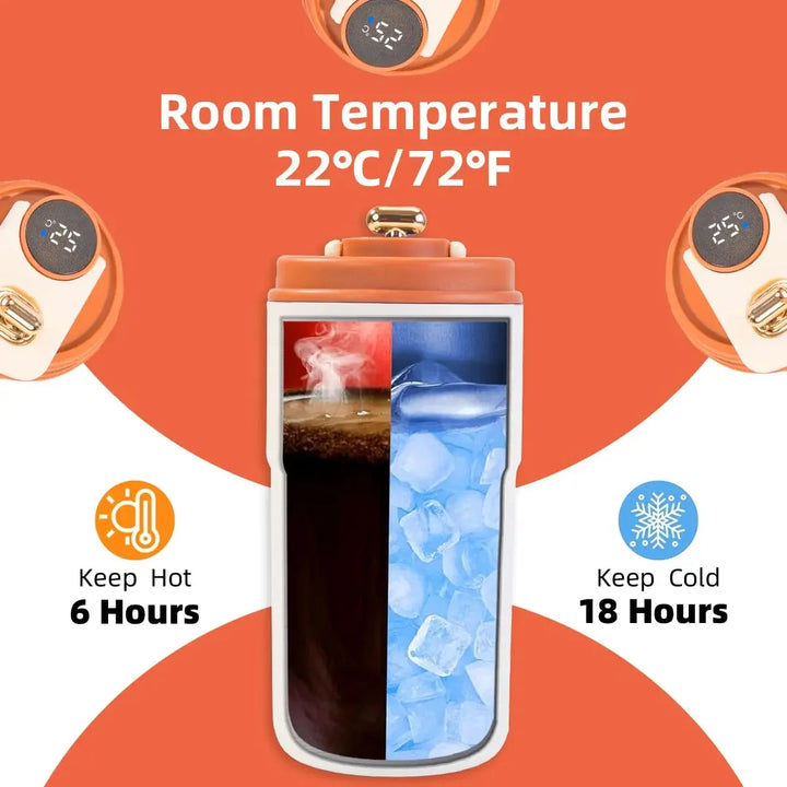 Robuster Edelstahl-Thermobecher 450ml. Auslaufsicherer Reisebecher mit LED-Anzeige für Heißgetränke.
