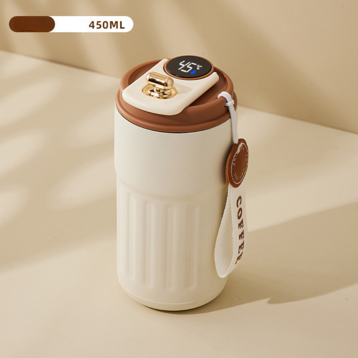 Auslaufsicherer Edelstahl-Reisebecher 450ml mit smarter LED-Temperaturanzeige. Hält Getränke warm/kalt.