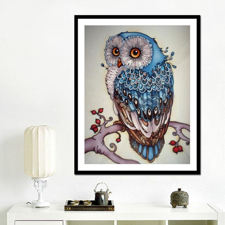 Geschenkidee: Fertiges Edelstein-Bild "Niedliche Eule"; glitzernde Wanddeko aus dem DIY-Set.