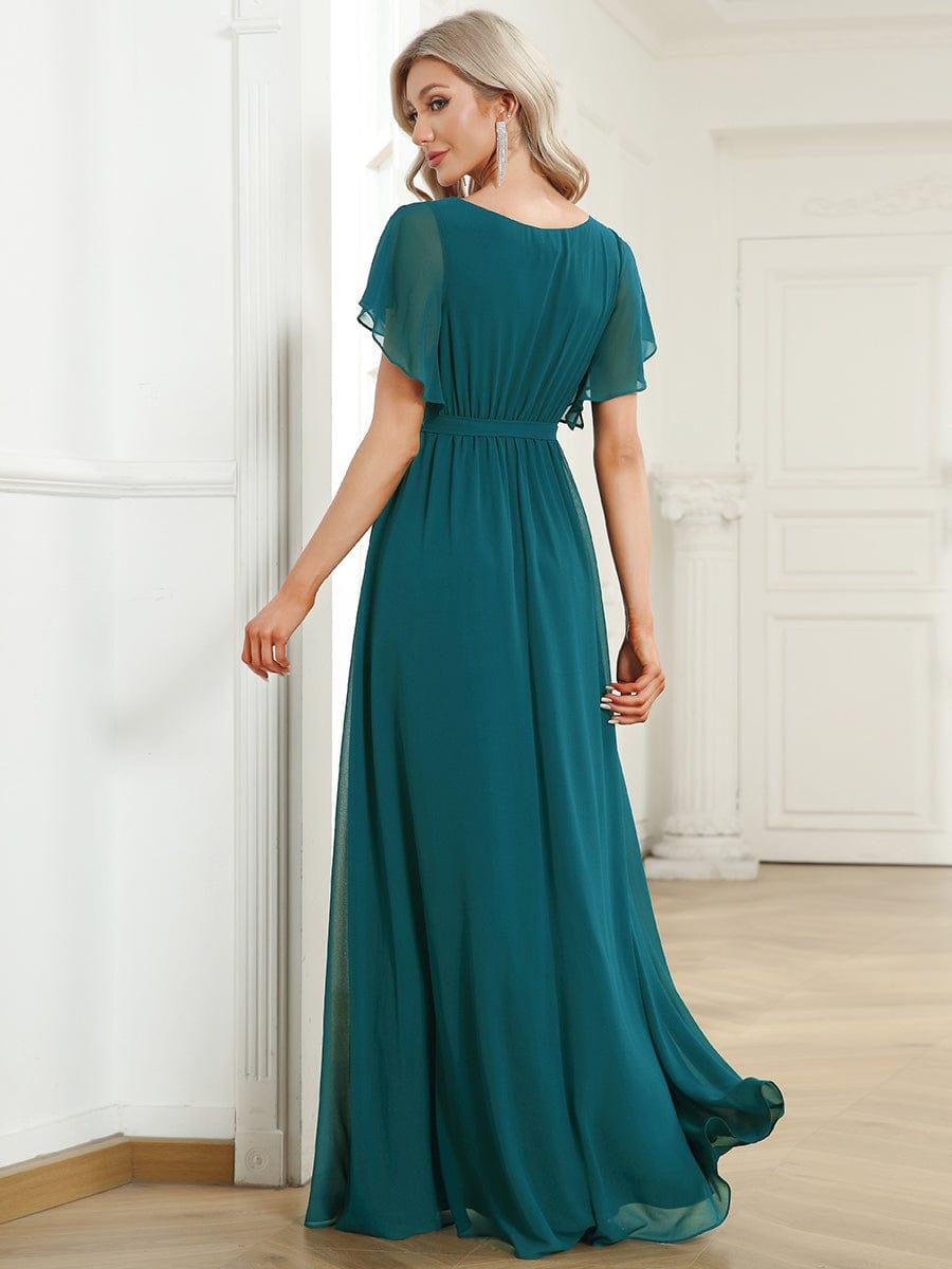 Mintgrünes Damen Maxikleid A-Linie, festlich, V-Ausschnitt & Flügelärmel, für Gala.