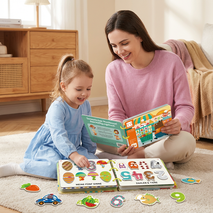 Sensorisches Montessori Beschäftigungsbuch für Kleinkinder zur Förderung der Feinmotorik und Sinneswahrnehmung.