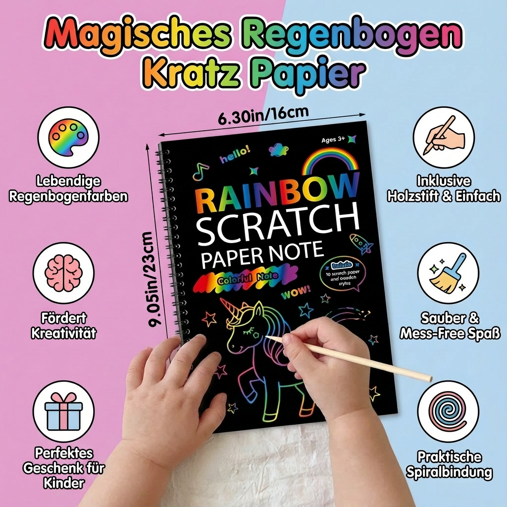 Kreatives Regenbogen Kratzpapier Set als tolles Geschenk für Kinder & Erwachsene; endloser Malspaß garantiert.
