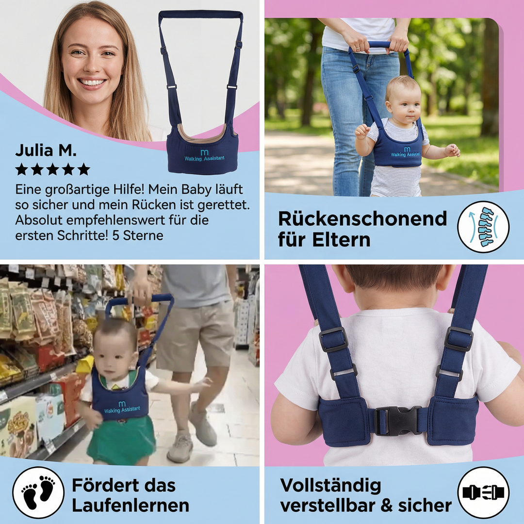 Verstellbare Baby-Gehschule mit Gurt, unterstützt Kleinkinder sicher beim Laufenlernen und der Mobilitätsentwicklung.