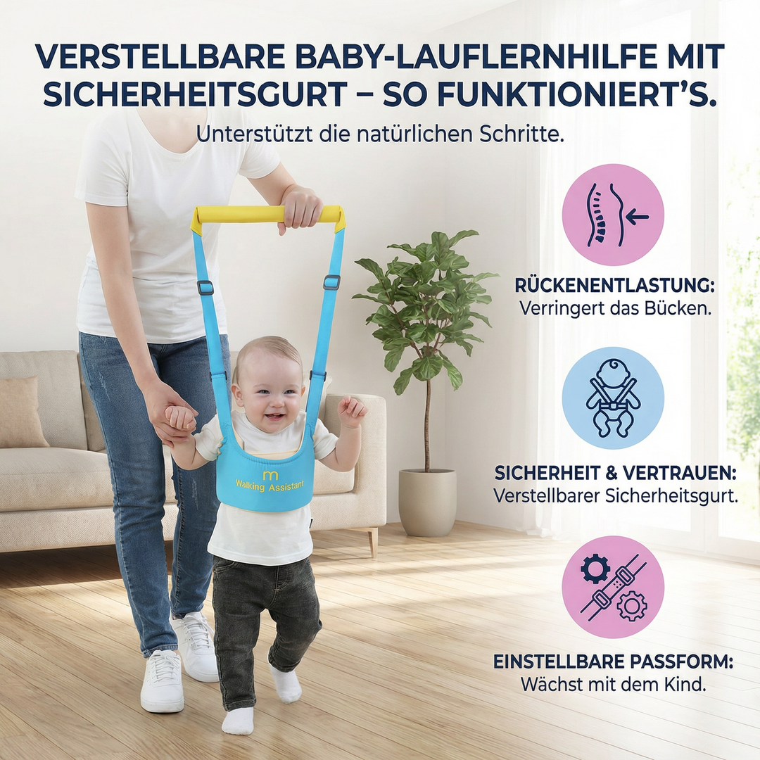 Sichere Lauflernhilfe für Babys, verstellbar, mit stabilem Sicherheitsgurt, um das Laufenlernen zu fördern.