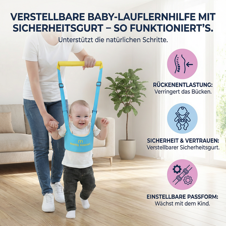 Sichere Lauflernhilfe für Babys, verstellbar, mit stabilem Sicherheitsgurt, um das Laufenlernen zu fördern.