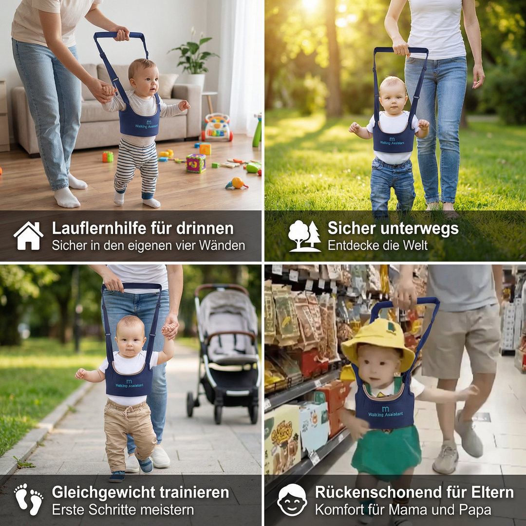 Fröhliches Baby lernt mit der sicheren, verstellbaren Lauflernhilfe laufen, mit Komfort und Gurt.