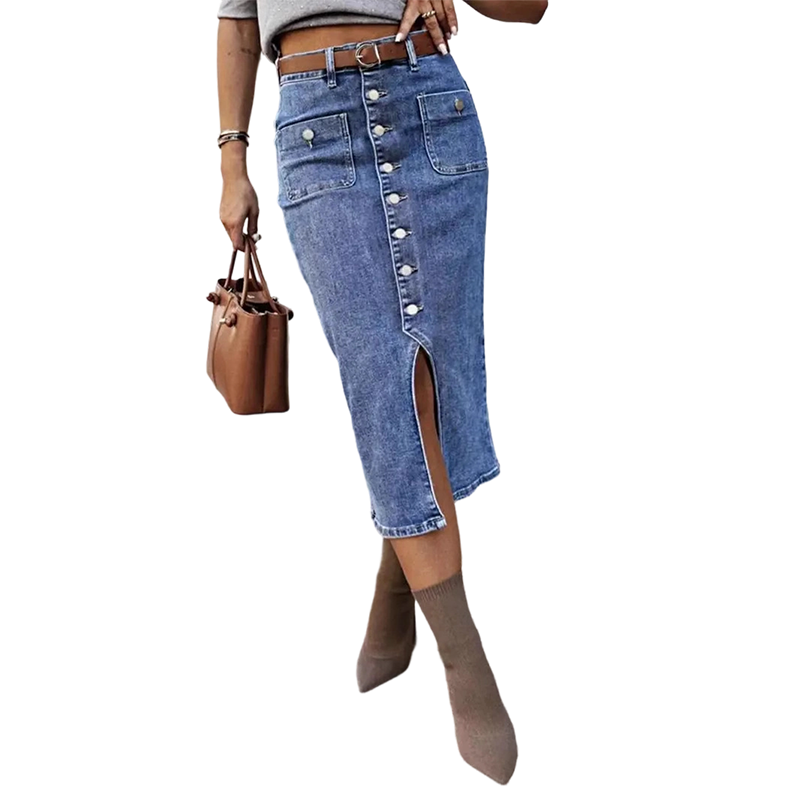 Dunkelblauer High-Waist Jeans-Bleistiftrock für Damen, figurbetont, vielseitig für Freizeit & Büro.