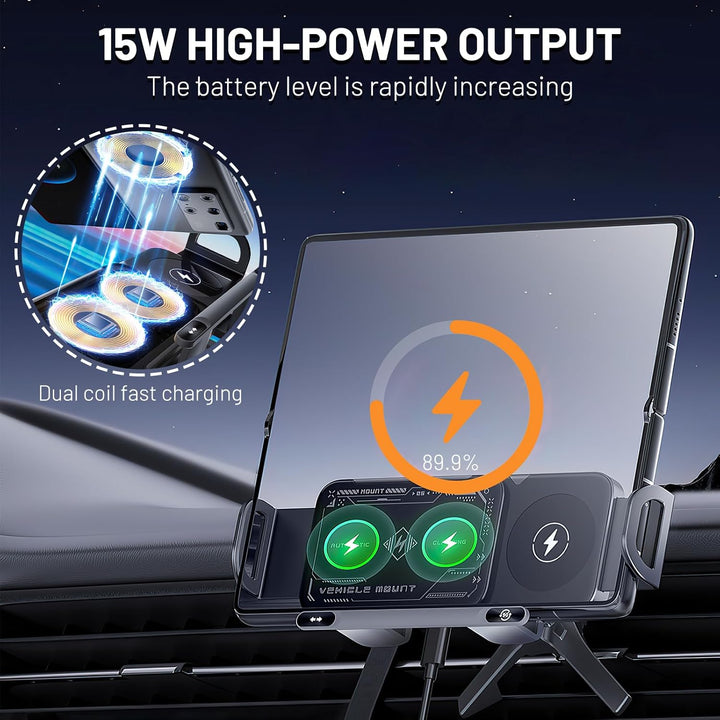 Smartphone im Universal Auto Handyhalter mit 15W Wireless Charging am Lüftungsgitter sicher befestigt.