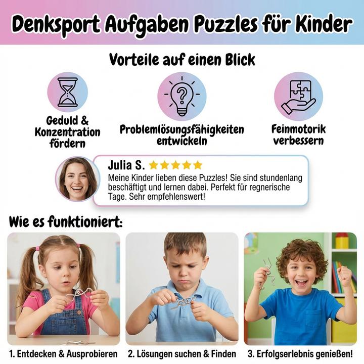 Detailaufnahme eines anspruchsvollen Metallpuzzles für Kinder; fordert Geduld & logisches Denken beim Rätsellösen.