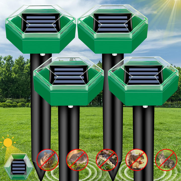 Effektives 4er Set Ultraschall Maulwurfabwehr solarbetrieben für tierfreundlichen Gartenschutz im Außenbereich.