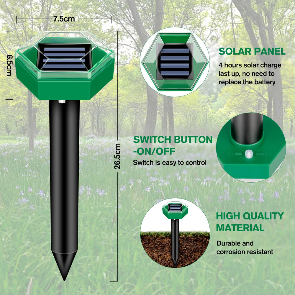 Solarbetriebenes 4er Set Ultraschall Nagetierabwehr, wetterfest und tierfreundlich für den Garten.