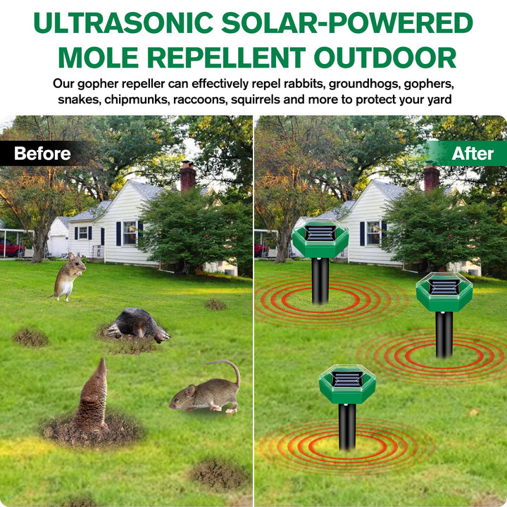 Gartenschutz Set: 4 solarbetriebene Ultraschall Maulwurfvertreiber, wetterfest für zuverlässige Nagetierabwehr.