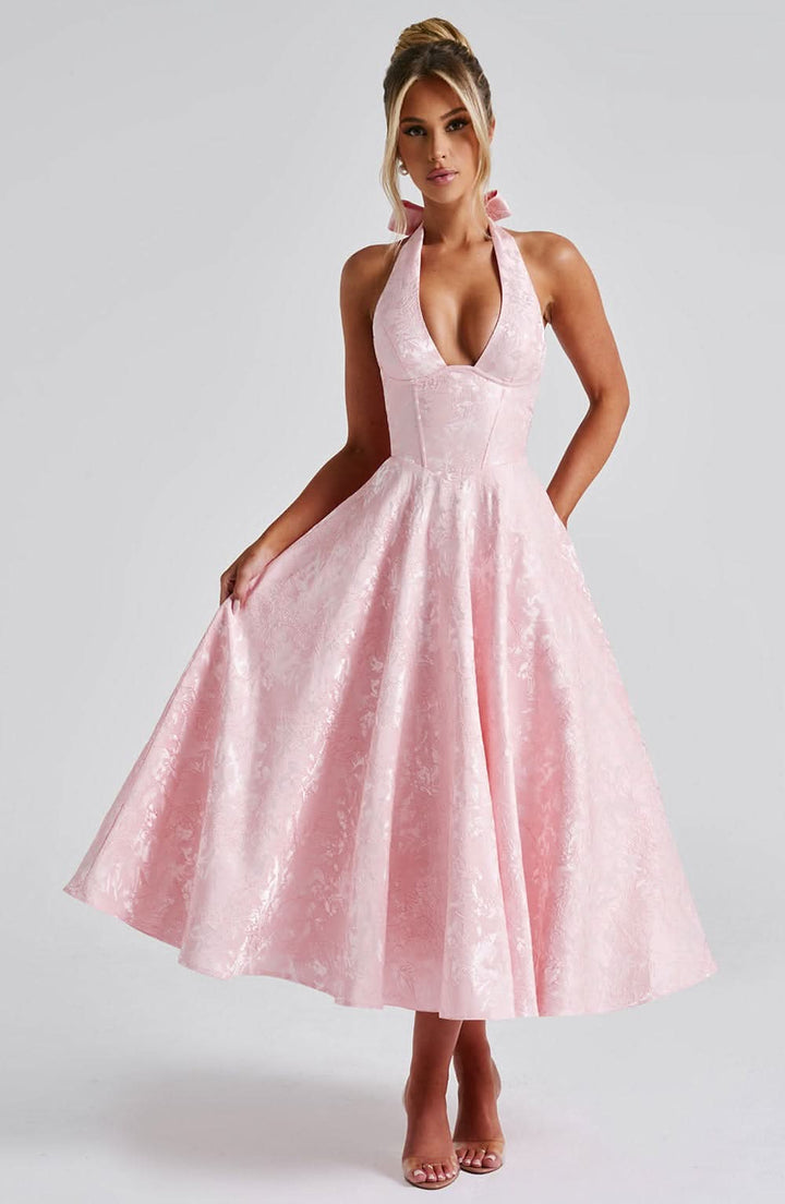 Damen Cocktailkleid: florales Neckholder Midikleid, perfekt für festliche Anlässe, Hochzeitsgäste & elegante Partys.
