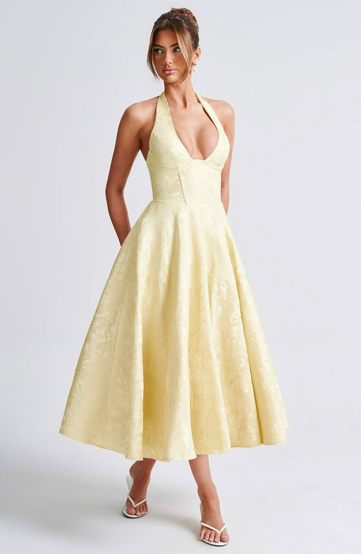 Damen florales Neckholder Midikleid, perfekt als Hochzeitsgastkleid, elegantes Cocktailkleid oder Partykleid.