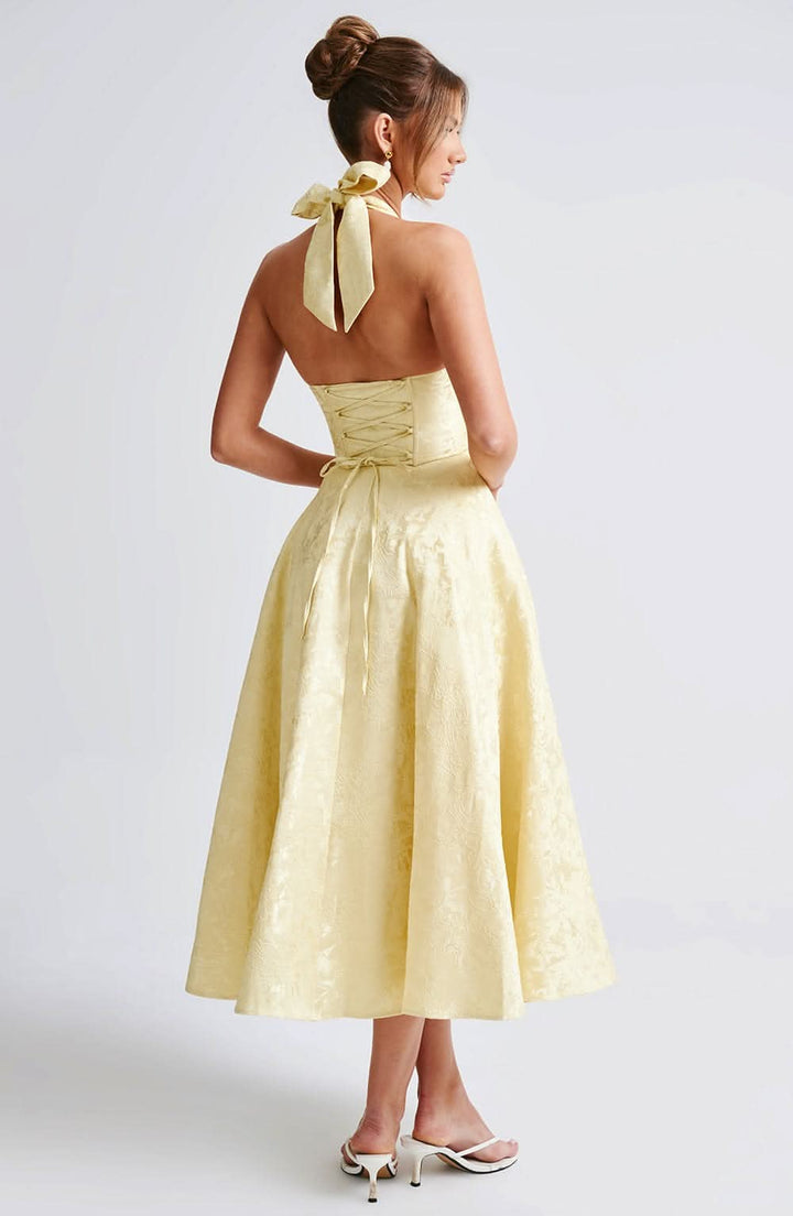 Elegantes Damen Neckholder Midikleid mit Blumenmuster, A-Linie, ideal für Feste, Events und als Sommerkleid.