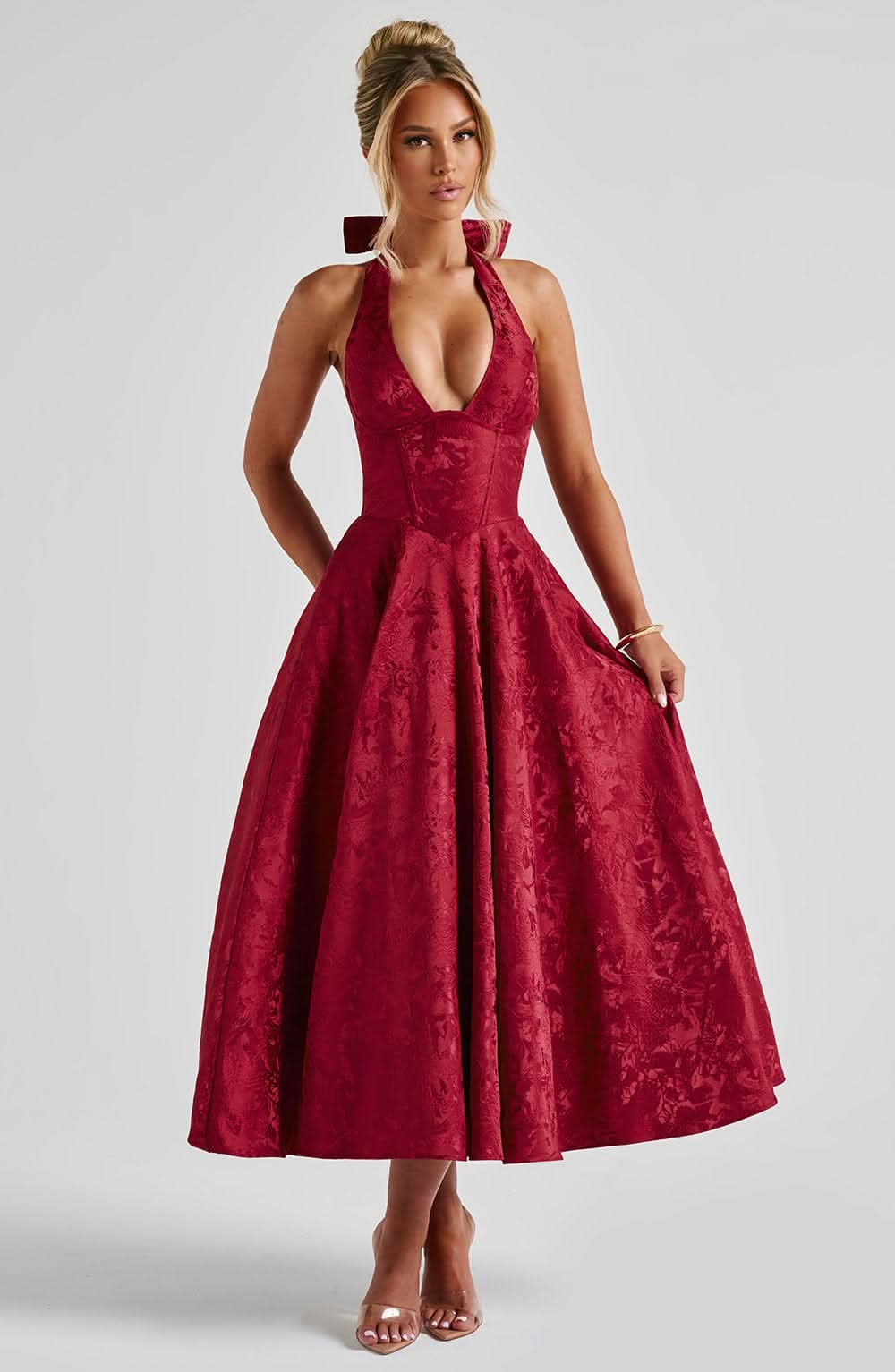 Damen A-Linien Midikleid, florales Neckholder Design, ideal als Hochzeitsgastkleid, Sommerkleid oder elegantes Eventkleid.
