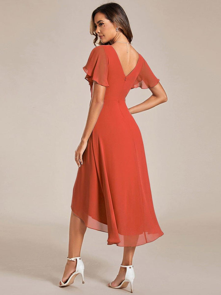 Petrolfarbenes Vokuhila Sommerkleid mit Kurzarm für Hochzeitsgäste; stilvolles Midi-Damenkleid.