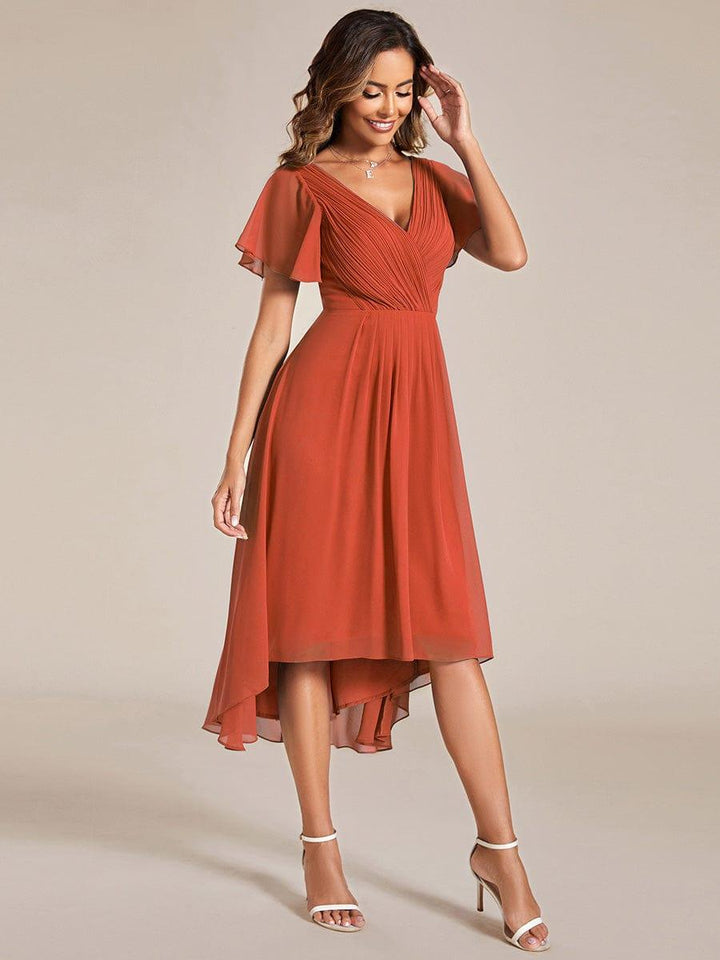 Rotes Vokuhila Sommerkleid mit Kurzarm für Hochzeitsgäste; stilvolles Midi-Damenkleid.