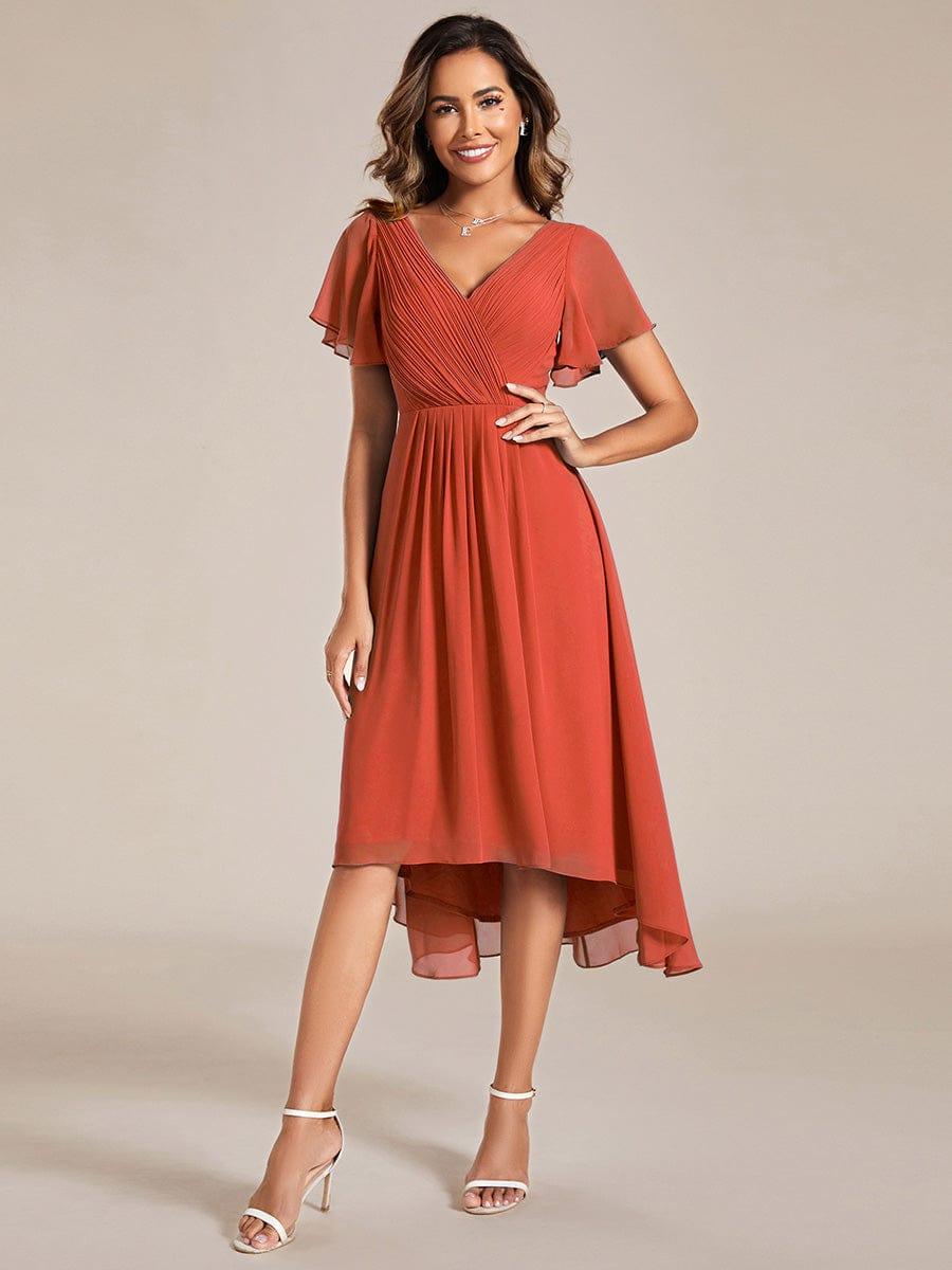 Champagnerfarbenes Vokuhila Sommerkleid mit Kurzarm für Hochzeitsgäste; stilvolles Midi-Damenkleid.