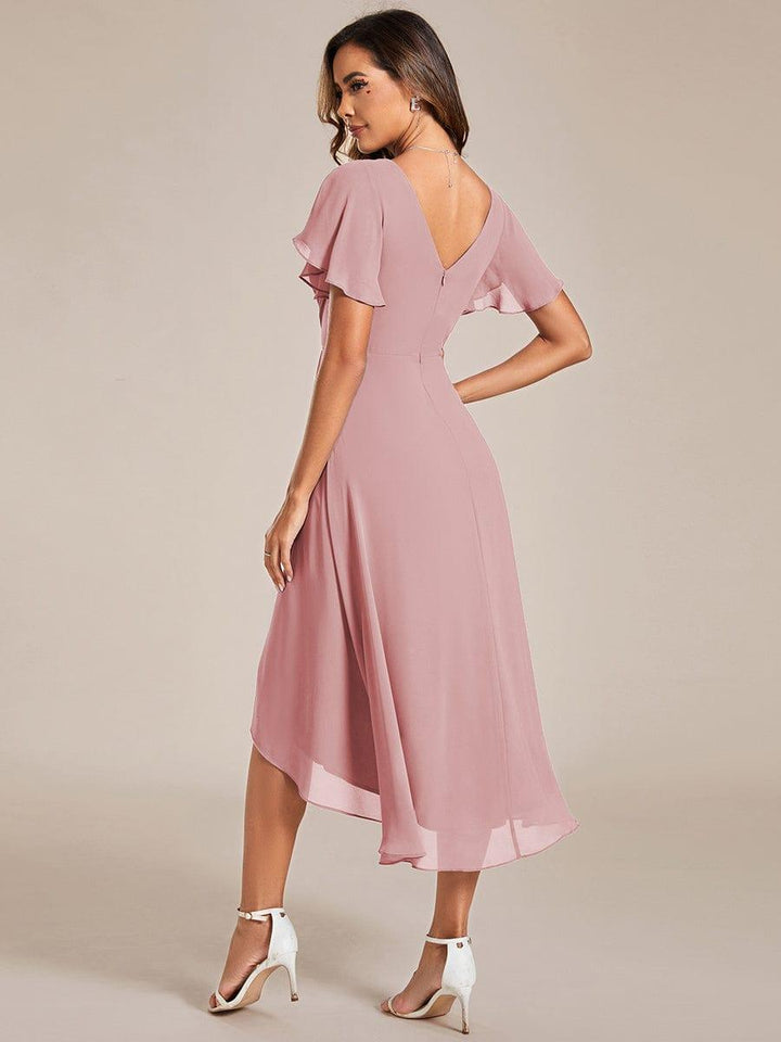 Stilvolles Mokkabraunes Damen Abendkleid, Vokuhila-Design, A-Linie, Midi-Länge; glamourös für Feste.