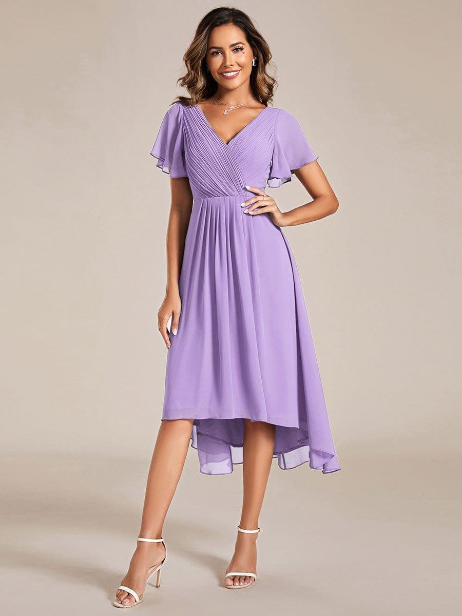 Mokkabraunes Vokuhila Sommerkleid mit Kurzarm für Hochzeitsgäste; stilvolles Midi-Damenkleid.