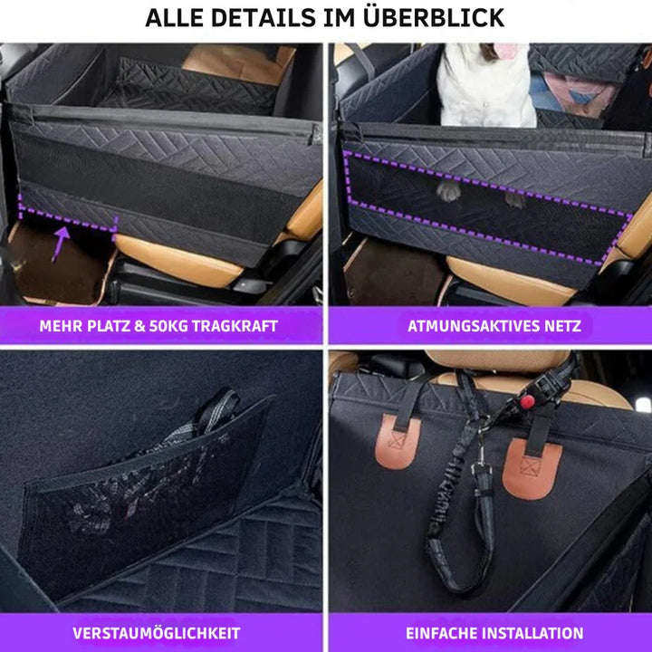 Praktischer Autositzschutz: Wasserdichte Hundematte mit Seitenklappen für vollständigen Schutz des Rücksitzes.