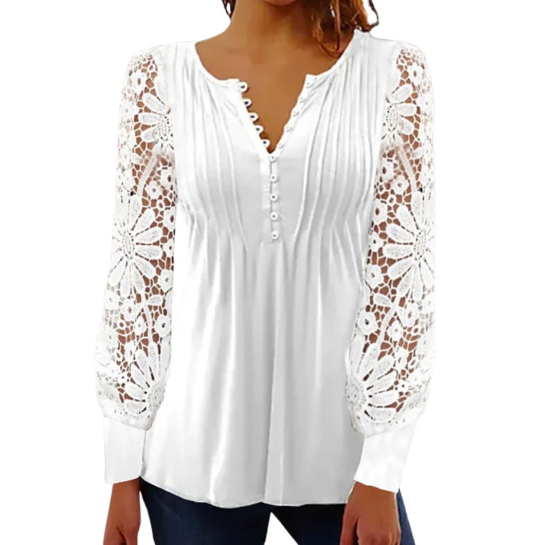 Elegant langärmlige Damenbluse mit transparentem Blumenmuster, perfekt für Frühling & Sommer.