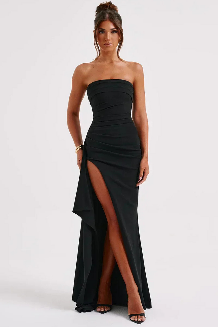 Elegant trägerloses Maxikleid Stephanie für Damen mit hohem Schlitz, ideal für Abendmode.