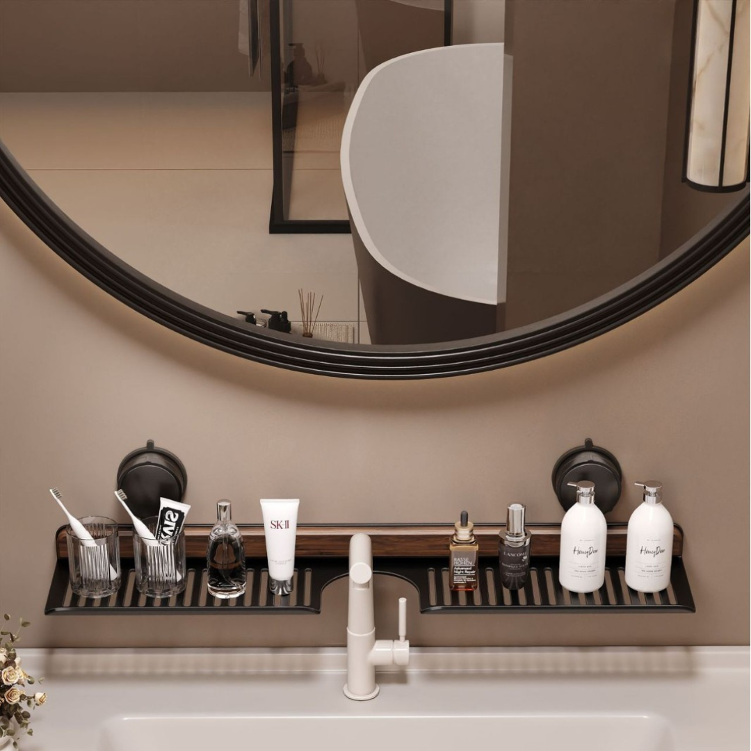 Elegante Badezimmer Saugnapf-Waschbeckenablage in Walnuss-Optik. Kein Bohren, schafft Ordnung & Stauraum im Bad.