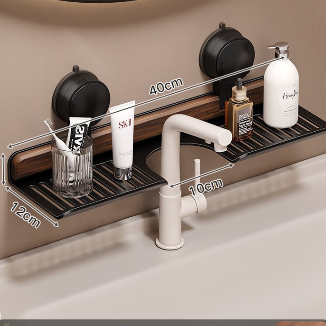 Moderne Saugnapf-Ablage in Walnuss-Optik für Dusche & Waschbecken. Elegantes Badezimmer Regal schafft mehr Stauraum.
