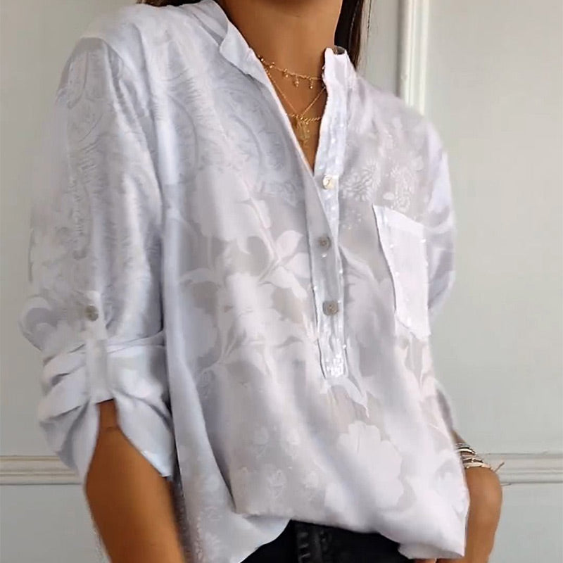 Modische bedruckte Damenbluse für Frühjahr & Sommer, elegant, vielseitig mit Vordertasche.
