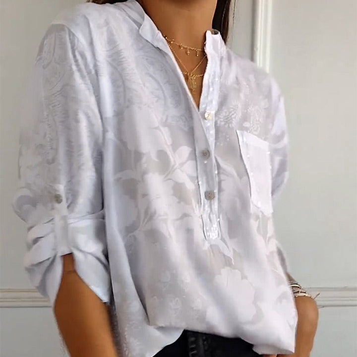 Modische bedruckte Damenbluse für Frühjahr & Sommer, elegant, vielseitig mit Vordertasche.