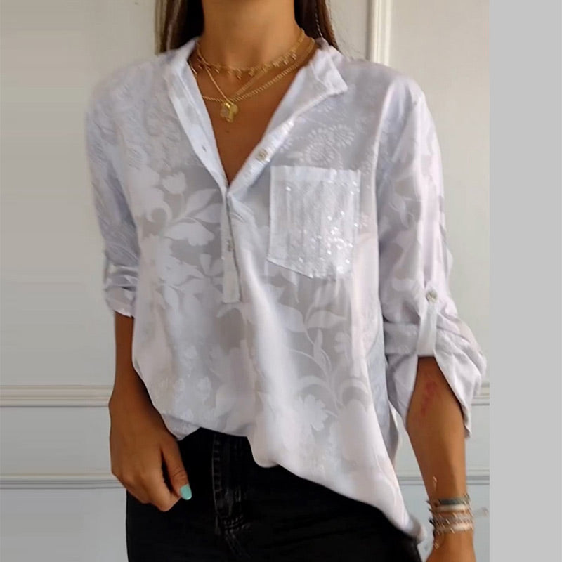 Vielseitige, elegante Damenbluse, bedruckt, mit Vordertasche, ideal für Büro & Freizeitoutfits.