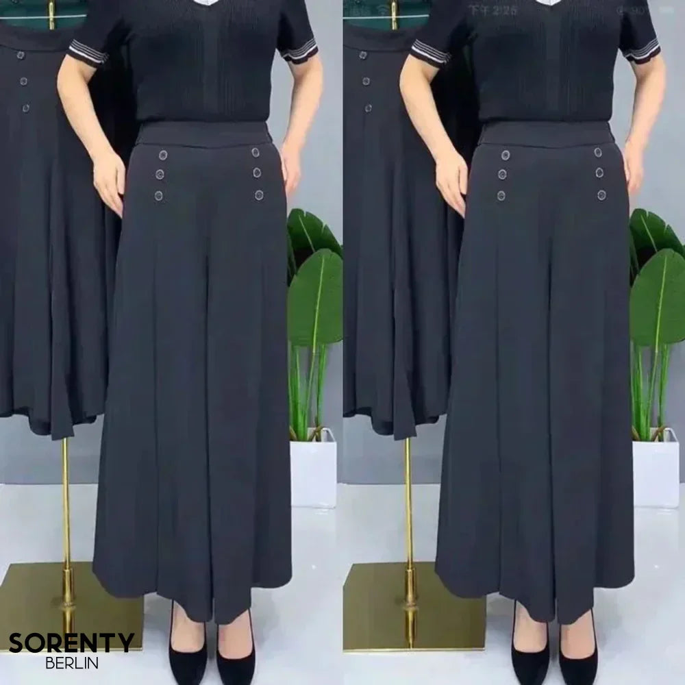 Stilvolle weite Damenhose in neutraler Farbe, perfekt für Frühling, Sommer und Herbst. Bequem und elegant.