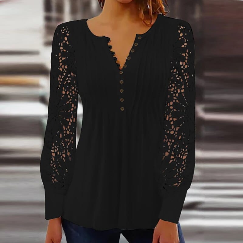 Transparente Damen Bluse mit feinen floralen Häkelärmeln. Stylisches Oberteil für Freizeit & festliche Looks.