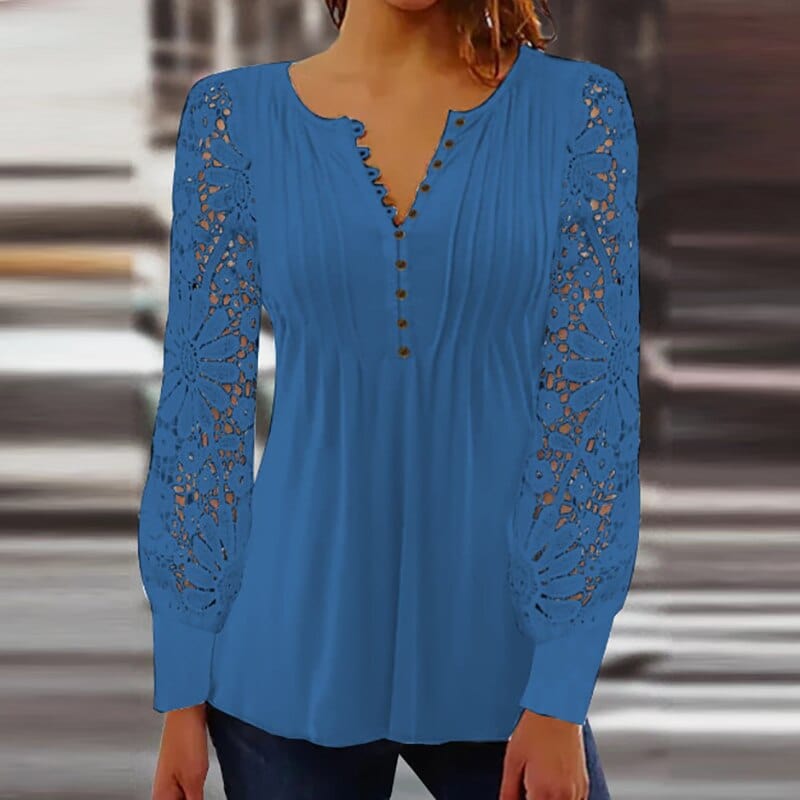 Damen Oberteil: Elegante Bluse mit transparenten floralen Häkelärmeln, ideal für festliche Events und schicke Outfits.