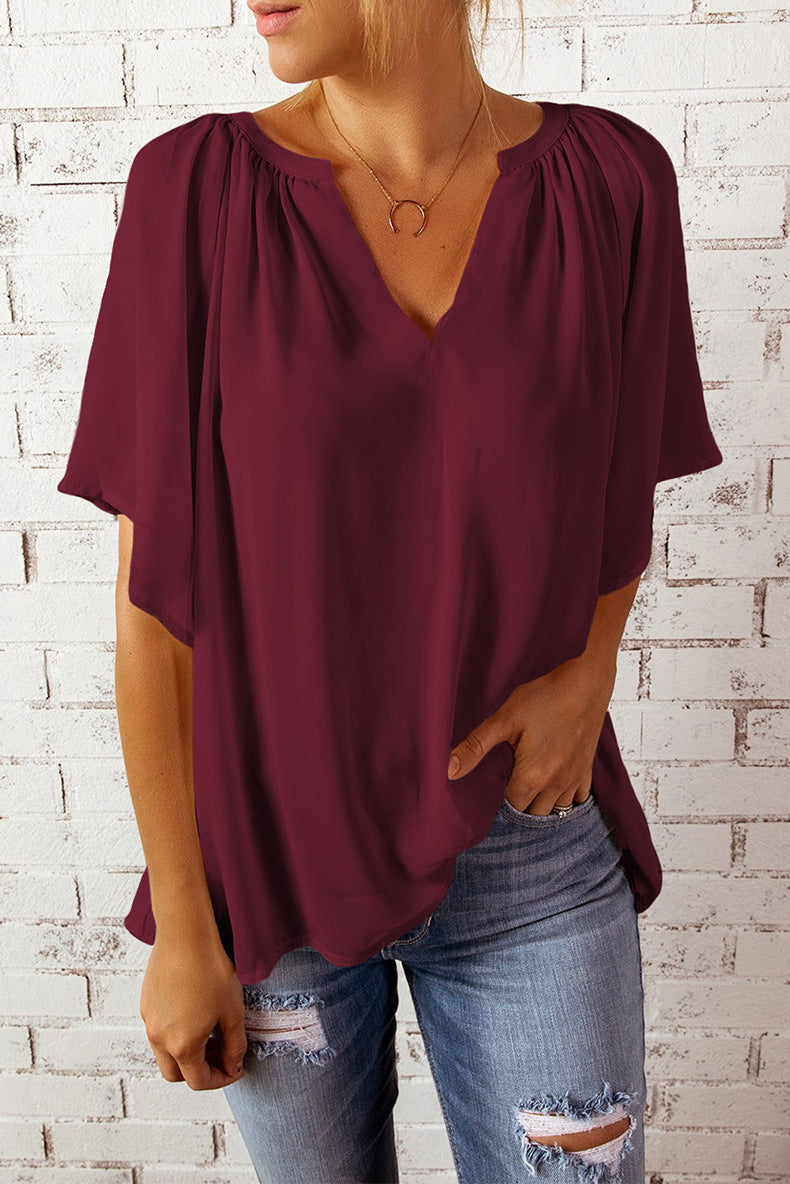 Modische Damen V-Ausschnitt Bluse mit eleganten Falten; lockere Passform für jeden Anlass.