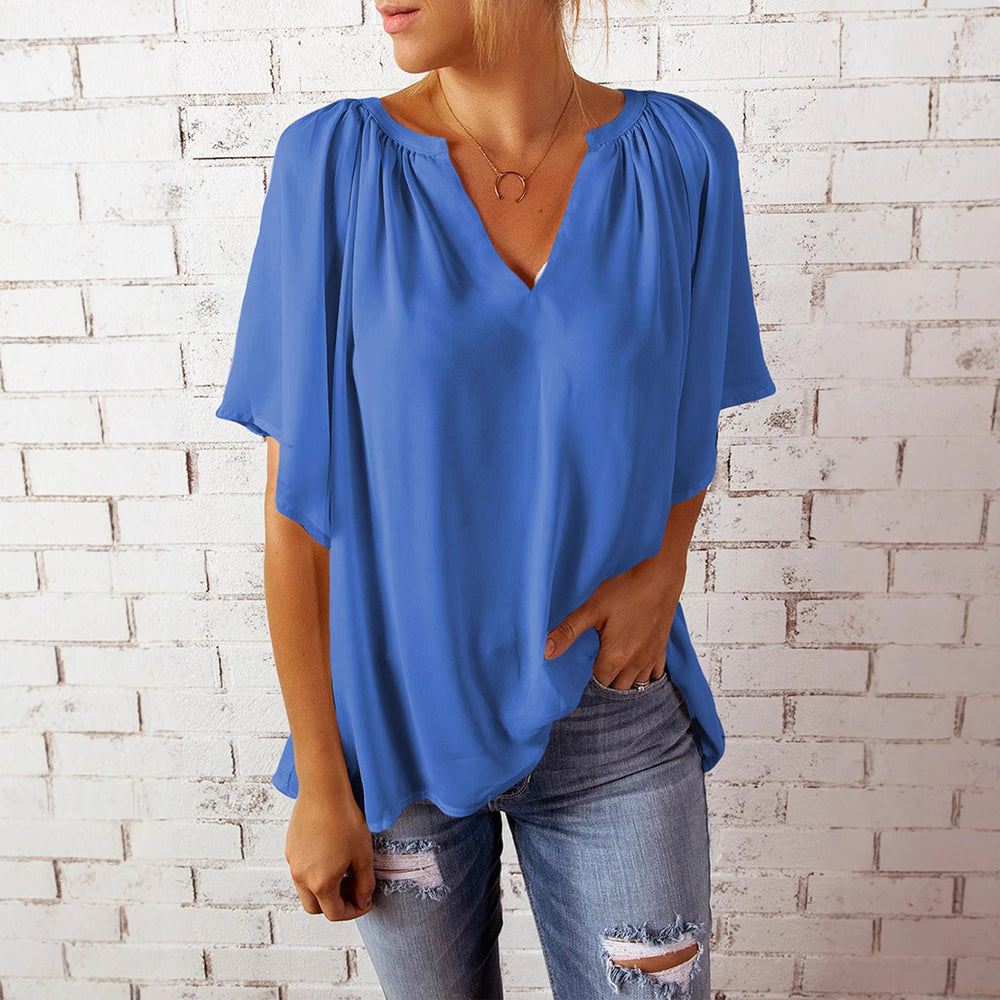 Modische Damen V-Ausschnitt Bluse, Falten-Design; ideal für stilvolle Sommer-Outfits.