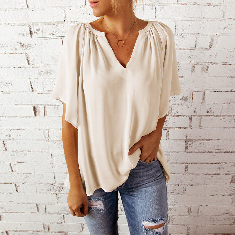 Frühlings-/Sommer-Bluse für Damen mit V-Ausschnitt, Falten, Kurzarm; locker & bequem.