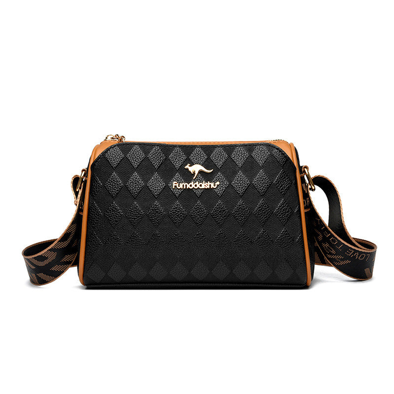 Schwarze Damen Schultertasche aus PU-Leder mit Diamantmuster & 3 Fächern für optimale Organisation.