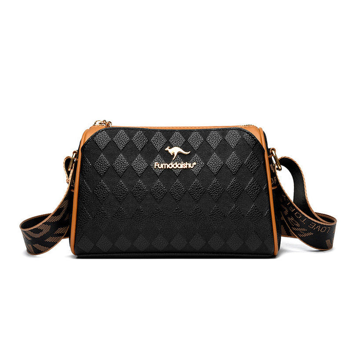 Schwarze Damen Schultertasche aus PU-Leder mit Diamantmuster & 3 Fächern für optimale Organisation.