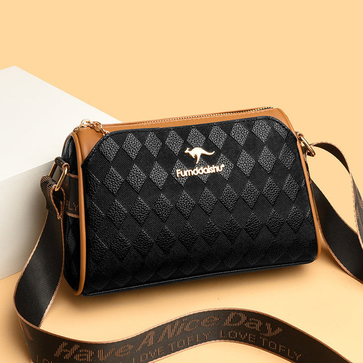 Schwarze Damen Handtasche mit Diamantmuster und drei Fächern, praktisch und elegant für Damenmode.