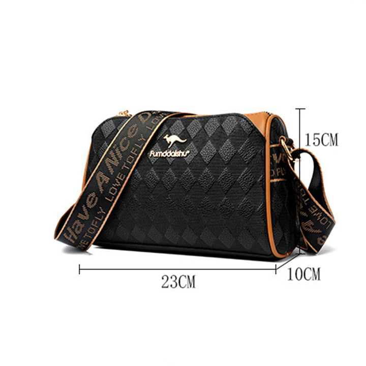 Damen Crossbody Tasche aus PU-Leder, schwarz, mit Diamantmuster, 3 Fächern, ideal für Organisation.