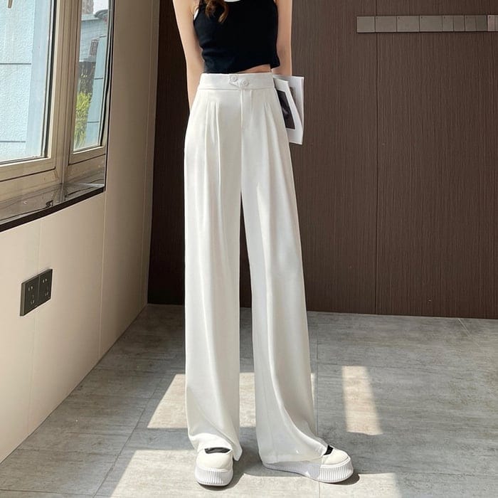 Elegante Damen High-Waist Stoffhose mit weitem Bein, ideal für Büro & Freizeit, mit praktischen Taschen.